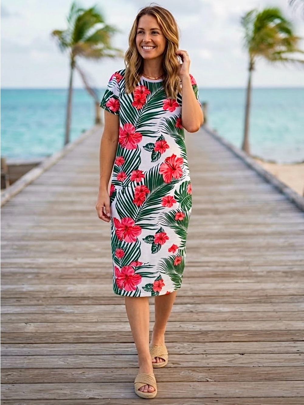 Hibiscus Palm Leaf T-Shirt Midi Dress Hawaiian Tropical Vacation Resort Island